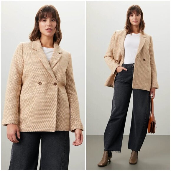 💕ANINE BING💕 Tweed Double Breasted Fishbone Blazer ~ Tan & Cream XL - Picture 7 of 16